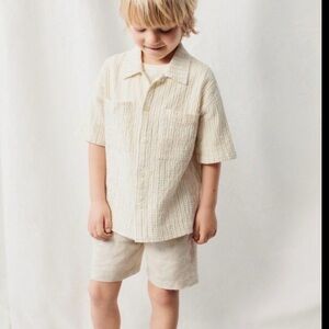 Zara Kids Seersucker Striped Beige Button Down Shirt, Sz 6